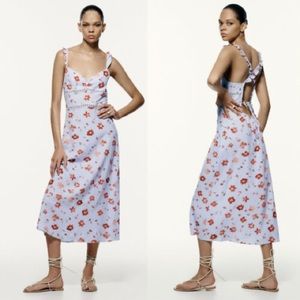 NWT ZARA BLUE FLORAL PRINT RUFFLED STRAPS LINEN BLEND MIDI DRESS